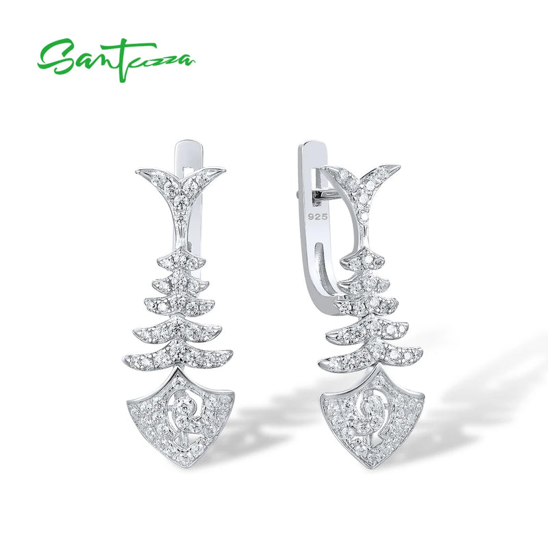 925 Sterling Silver CZ Fish Bone Drop Earrings