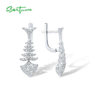 925 Sterling Silver CZ Fish Bone Drop Earrings