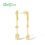 925 Silver Earrings Sparkling CZ Tulip Flower Long Chain Style Fine Jewelry