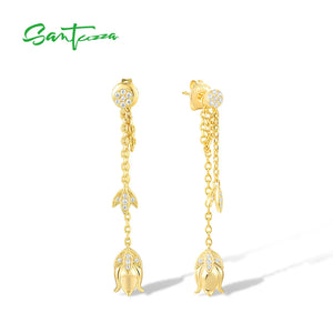 925 Silver Earrings Sparkling CZ Tulip Flower Long Chain Style Fine Jewelry