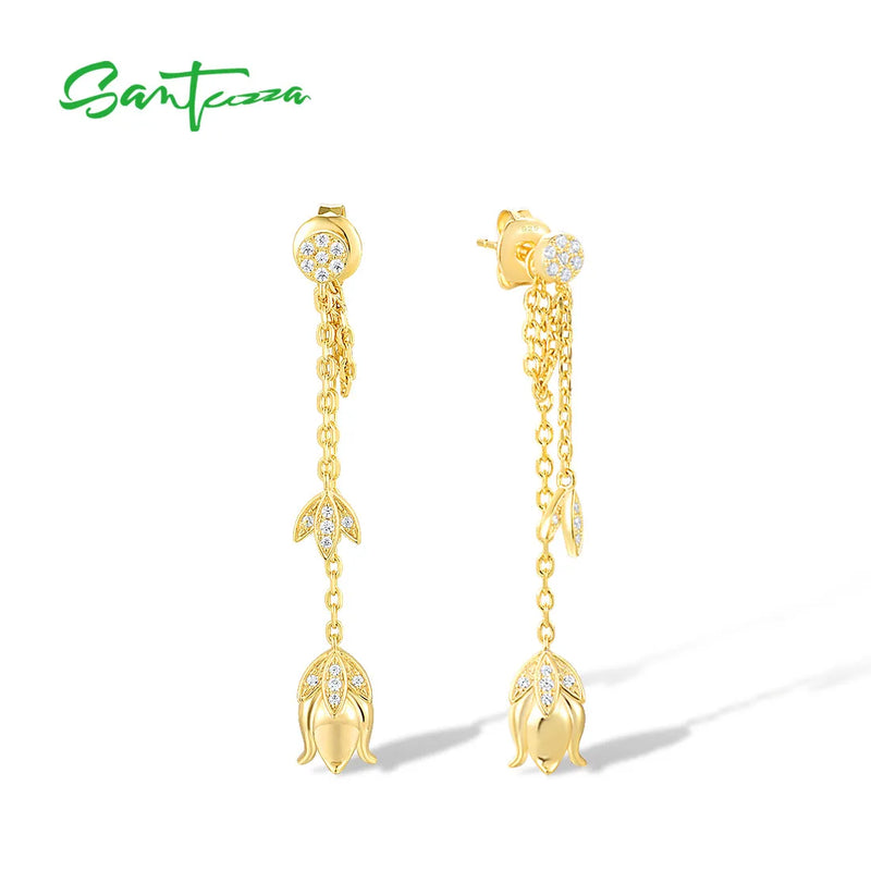 925 Silver Earrings Sparkling CZ Tulip Flower Long Chain Style Fine Jewelry