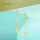 925 Silver Earrings Sparkling CZ Tulip Flower Long Chain Style Fine Jewelry