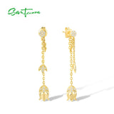 925 Silver Earrings Sparkling CZ Tulip Flower Long Chain Style Fine Jewelry