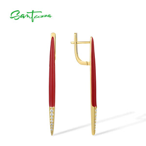 925 Silver Earrings CZ Red Enamel Sparkle Women Edgy Fine Jewelry