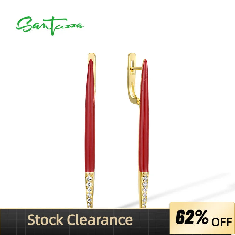 925 Silver Earrings CZ Red Enamel Sparkle Women Edgy Fine Jewelry