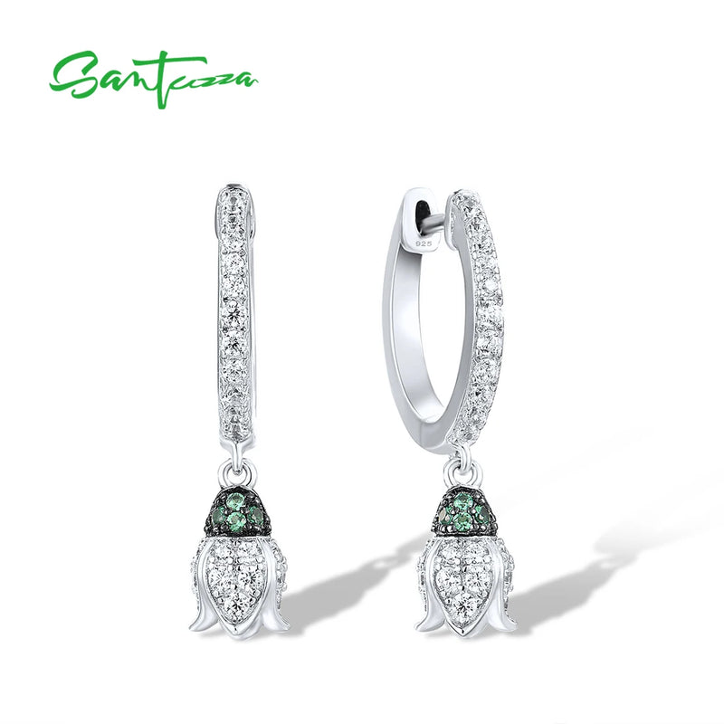 925 Silver Loop Earrings Green Spinel Flower CZ Pierced Jewelry