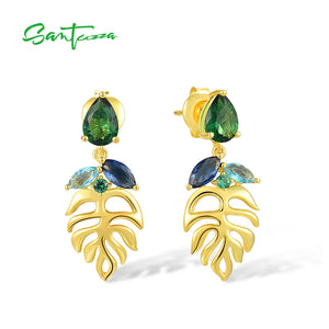 925 Silver Stud Earrings Green Spinel Leaf Dangle Jewelry
