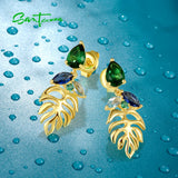 925 Silver Stud Earrings Green Spinel Leaf Dangle Jewelry