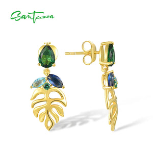 925 Silver Stud Earrings Green Spinel Leaf Dangle Jewelry