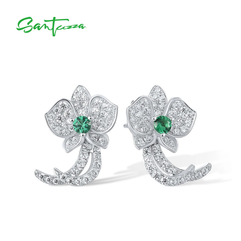 925 Silver Stud Earrings CZ Green Spinel Orchid Flower Fine Jewelry