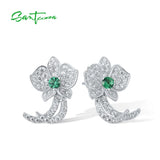 925 Silver Stud Earrings CZ Green Spinel Orchid Flower Fine Jewelry