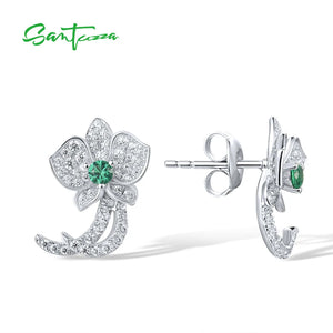 925 Silver Stud Earrings CZ Green Spinel Orchid Flower Fine Jewelry
