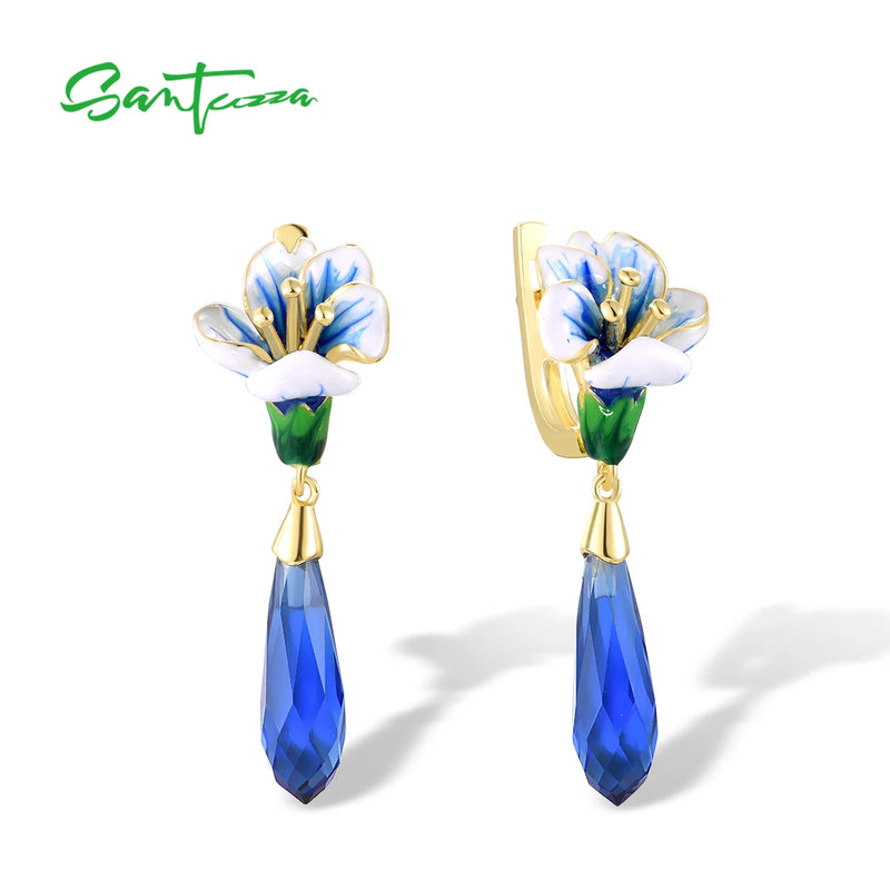 925 Sterling Silver Drop Earrings Sparkling Stones Enamel Flower