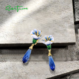 925 Sterling Silver Drop Earrings Sparkling Stones Enamel Flower