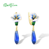 925 Sterling Silver Drop Earrings Sparkling Stones Enamel Flower