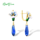 925 Sterling Silver Drop Earrings Sparkling Stones Enamel Flower