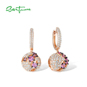 925 Silver Pink Sapphire CZ Ball Dangle Earrings