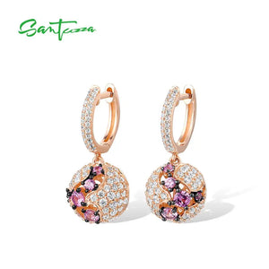 925 Silver Pink Sapphire CZ Ball Dangle Earrings