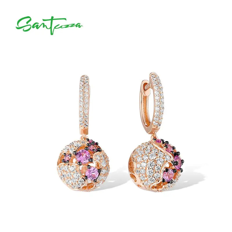 925 Silver Pink Sapphire CZ Ball Dangle Earrings