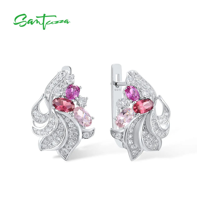 925 Silver Earrings Red Pink CZ Sparkling Stones Fine Jewelry