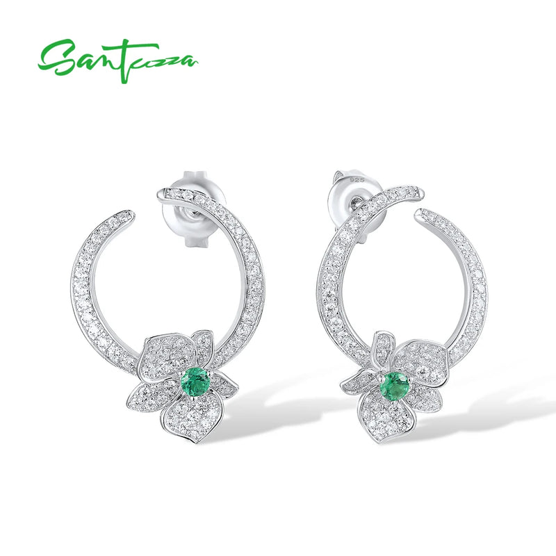 925 Silver Earrings CZ Green Spinel Orchid Flower