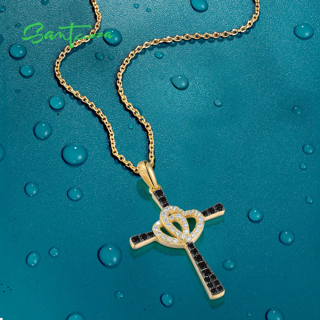 925 Silver Pendant Vintage Cross Love Heart Spinel CZ Jewelry