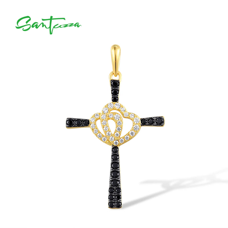 925 Silver Pendant Vintage Cross Love Heart Spinel CZ Jewelry