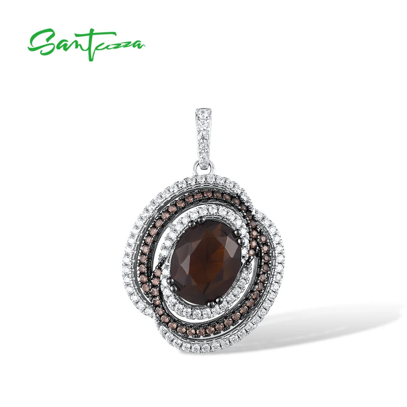 925 Silver Pendant Brown Spinel Smoky Glass Round Jewelry