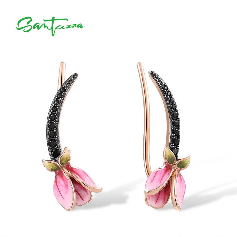 925 Silver Earrings Sparkling Spinel Tulip Flower Charming Fine Jewelry