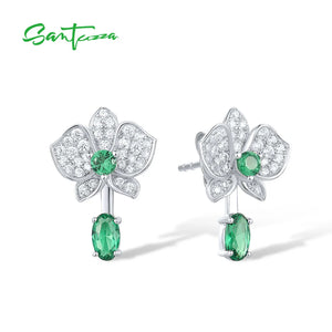 925 Silver Stud Earrings Sparkling Green Spinel Flower Dangling Jewelry