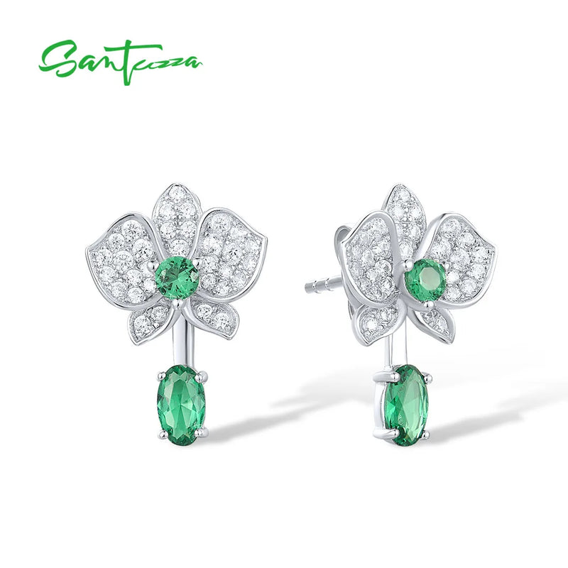 925 Silver Stud Earrings Sparkling Green Spinel Flower Dangling Jewelry