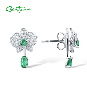 925 Silver Stud Earrings Sparkling Green Spinel Flower Dangling Jewelry