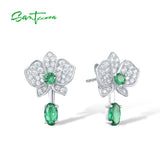 925 Silver Stud Earrings Sparkling Green Spinel Flower Dangling Jewelry