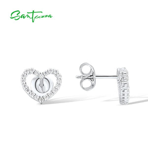 925 Silver Stud Earrings Women CZ Heart Shaped Fine Jewelry