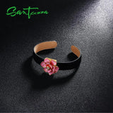 925 Silver Flower Leather Bangle Bracelet for Women