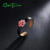 925 Silver Flower Leather Bangle Bracelet for Women