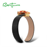 925 Silver Flower Leather Bangle Bracelet for Women