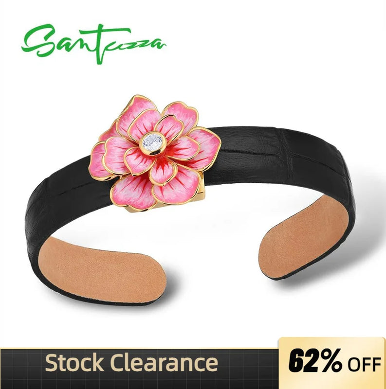 925 Silver Flower Leather Bangle Bracelet for Women