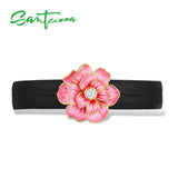 925 Silver Flower Leather Bangle Bracelet for Women