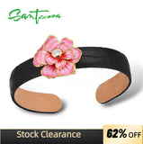 925 Silver Flower Leather Bangle Bracelet for Women