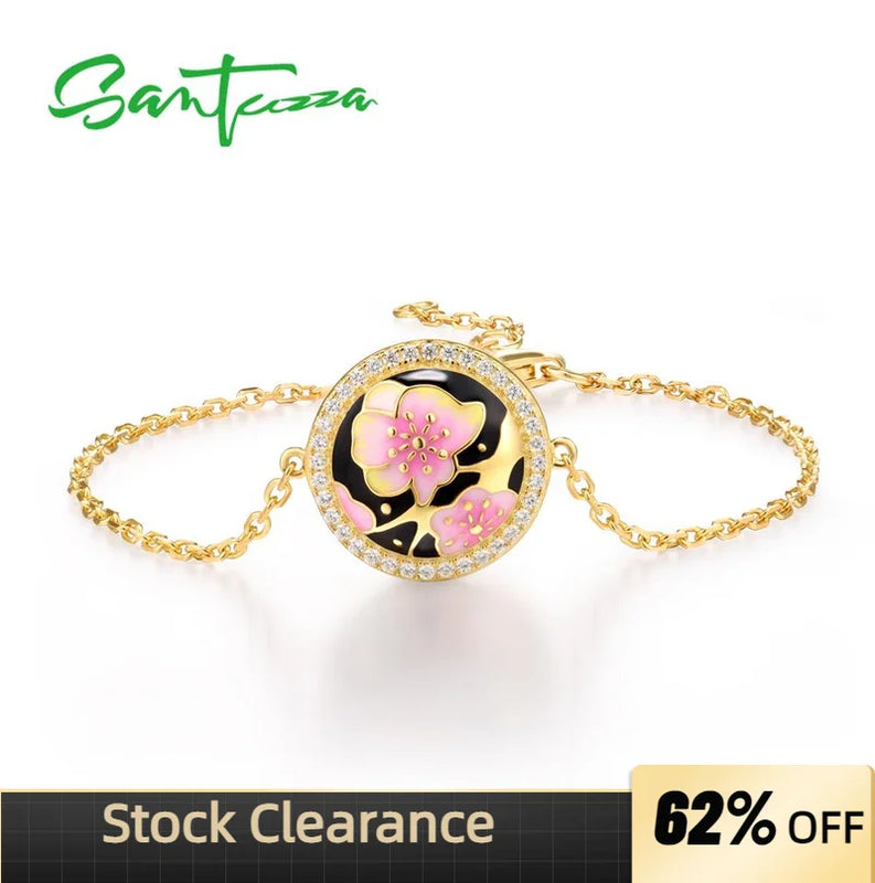 925 Sterling Silver Pink Cherry Blossoms Flower Bracelet