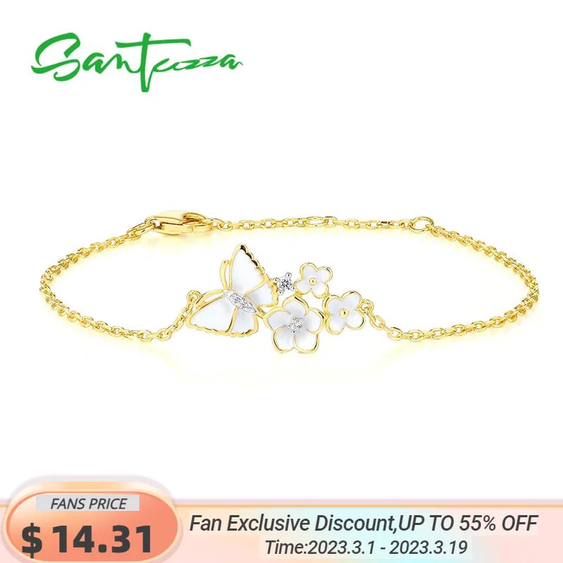 925 Sterling Silver Orchid Flower Butterfly Bracelet