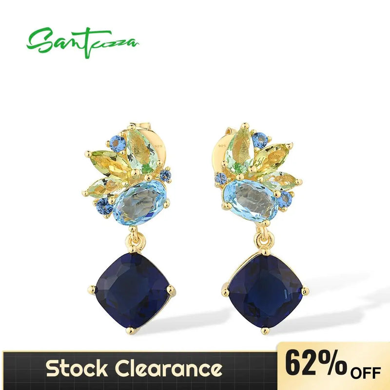 Blue/Green Stone 925 Sterling Silver Drop Earrings