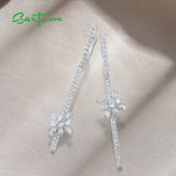 925 Silver CZ Flower Long Dangle Earrings