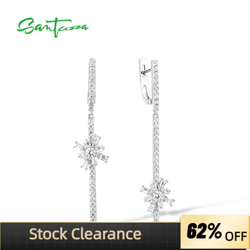 925 Silver CZ Flower Long Dangle Earrings