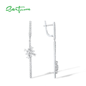 925 Silver CZ Flower Long Dangle Earrings