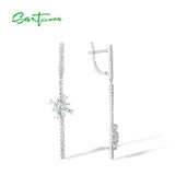 925 Silver CZ Flower Long Dangle Earrings