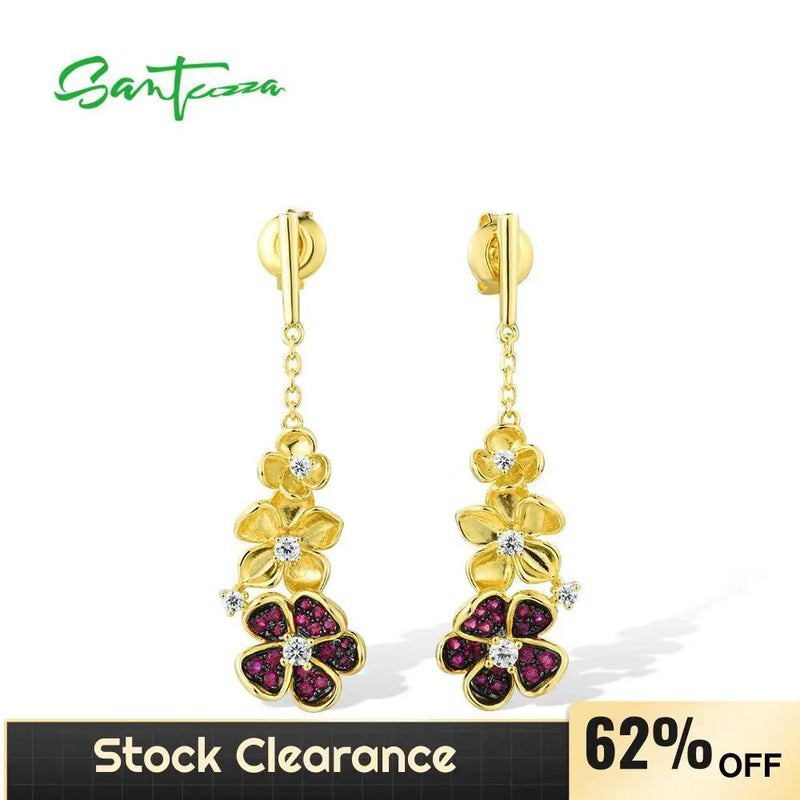 925 Sterling Silver Ruby Flower Dangle Earrings
