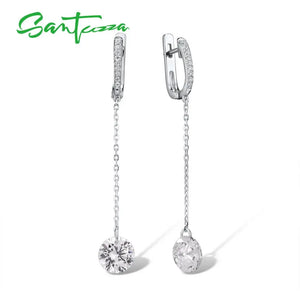 925 Sterling Silver CZ Long Drop Earrings