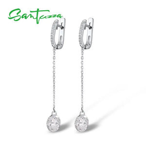 925 Sterling Silver CZ Long Drop Earrings
